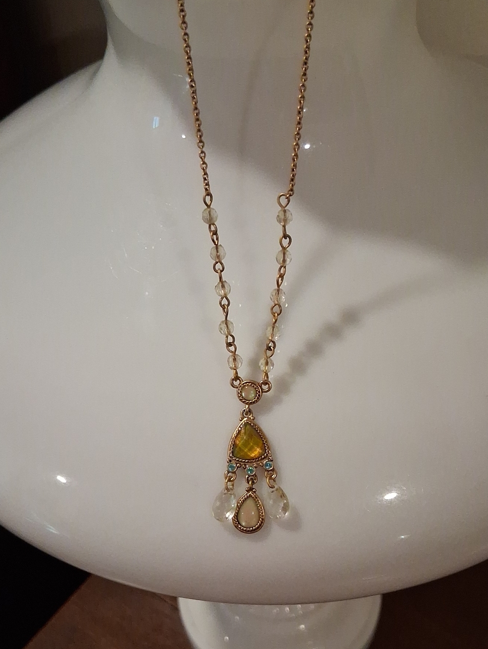 1928 Gold-Tone Yellow Teardrop Pendant Necklace with Crystal Drops